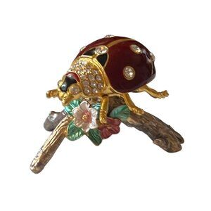 Vintage Rhinestone Ladybug Trinket Gold-Tone Branch Figurine